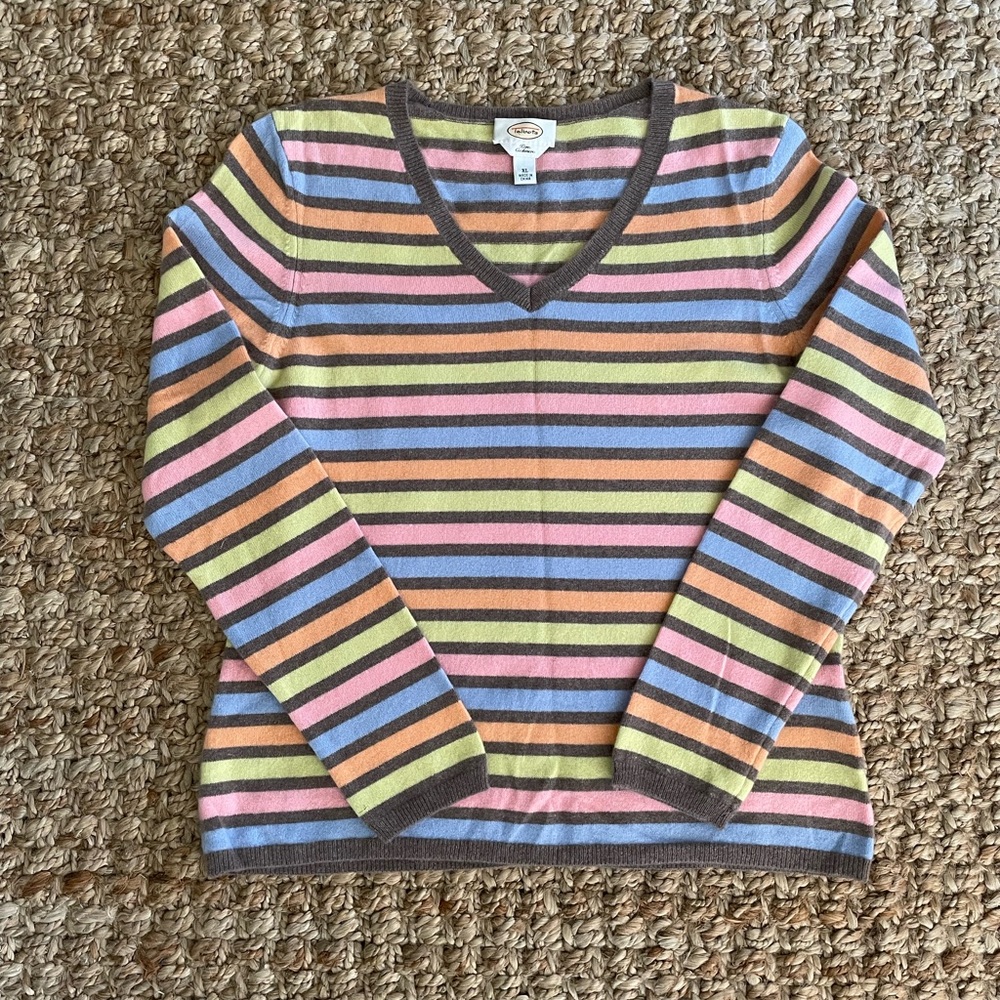 Talbots 100% Cashmere Striped Sweater XL Pastel V-Neck Soft Luxe Preppy - Picture 2 of 9